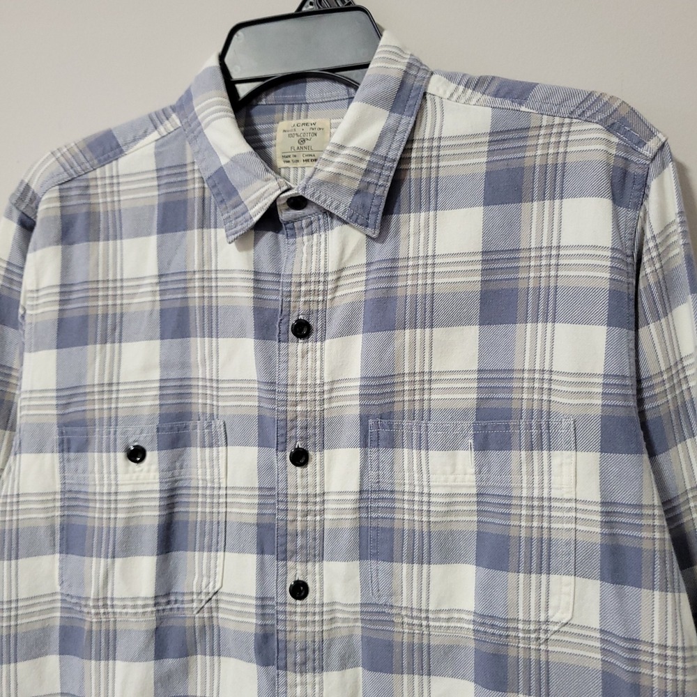 Vintage J.Crew Flannel Shirt Mens M Blue White Plaid Cotton 2 Pocket Casual